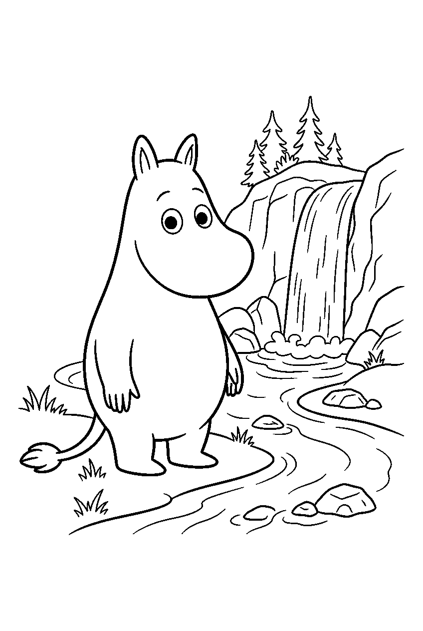 moomin near waterfall line art