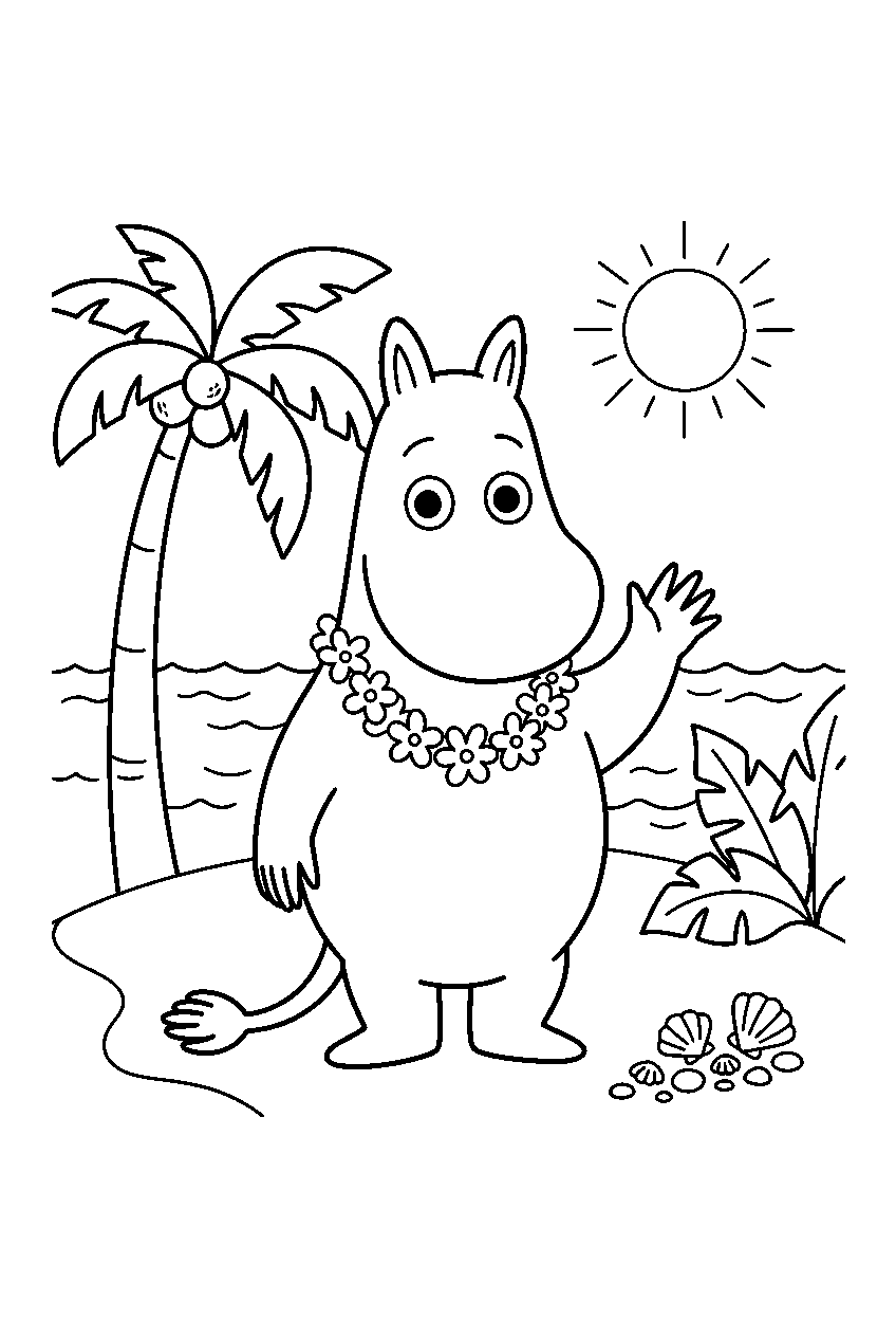 moomin on tropical island line art