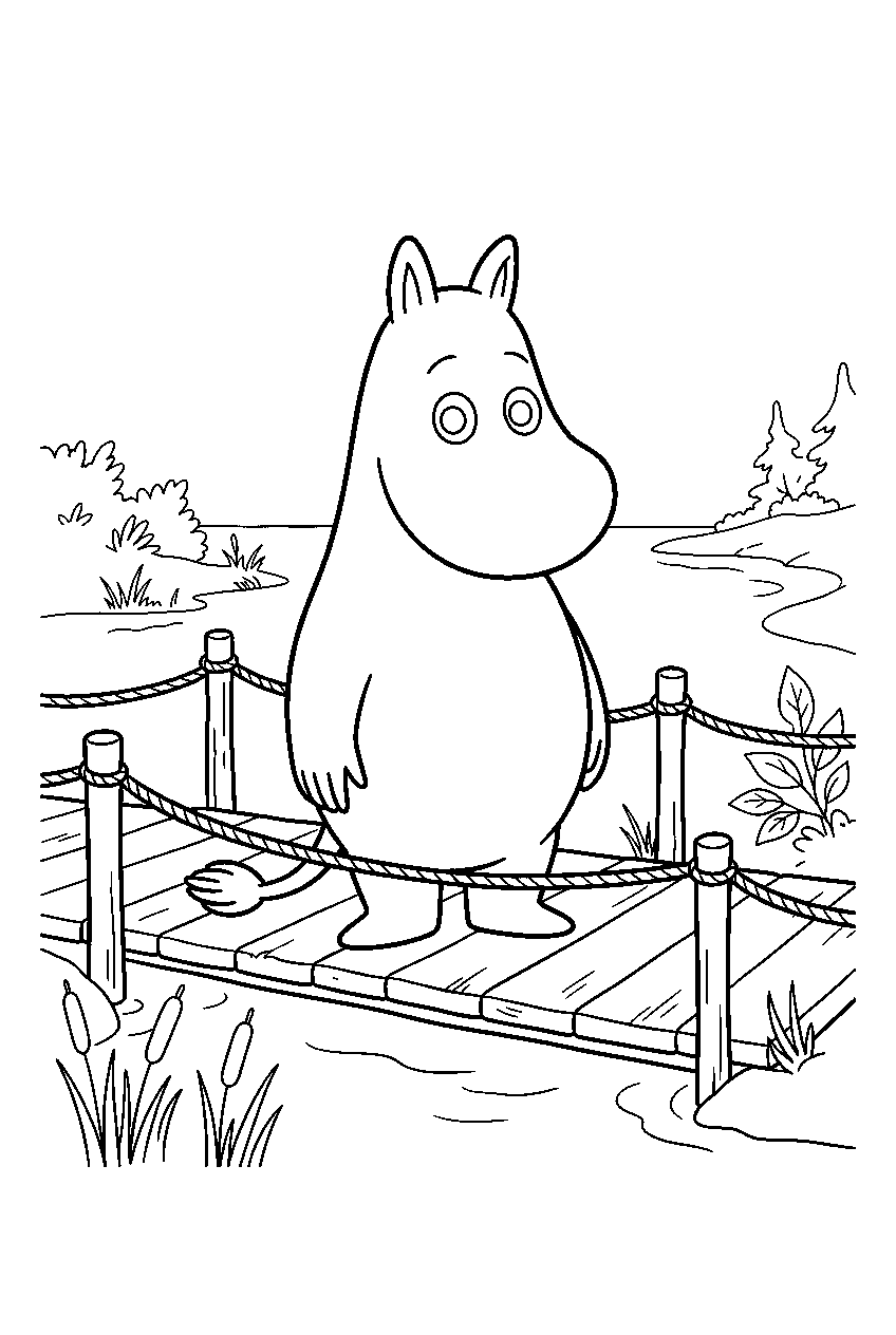 moomin on wooden bridge line art