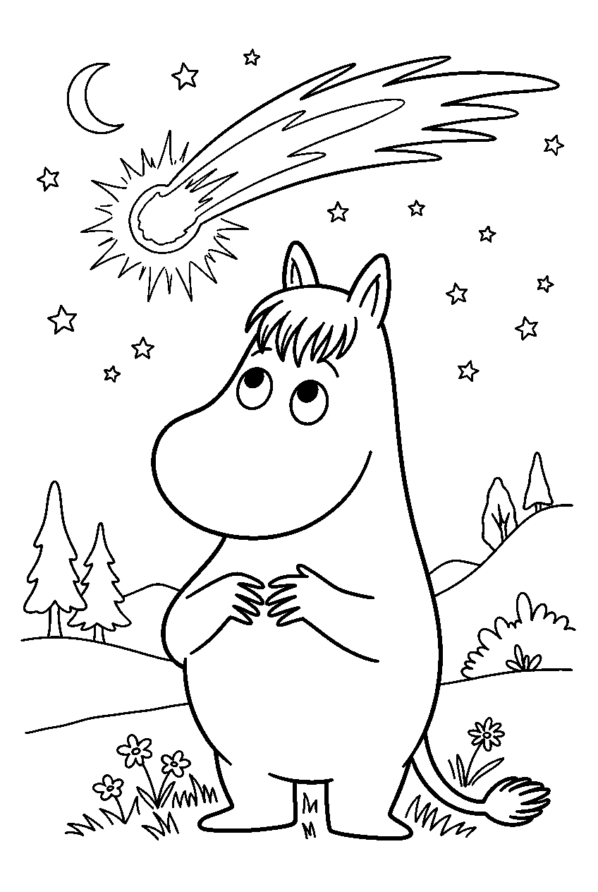 moomin under comet sky line art