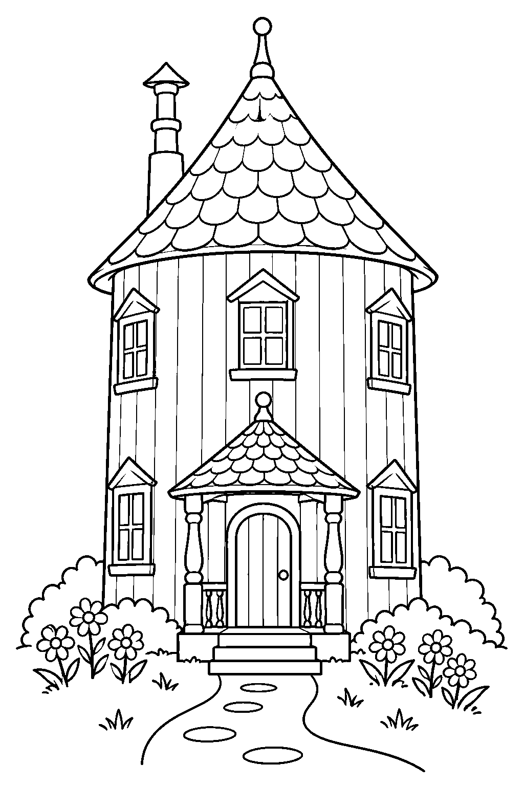 moominhouse with its round tower front porch and garden line art