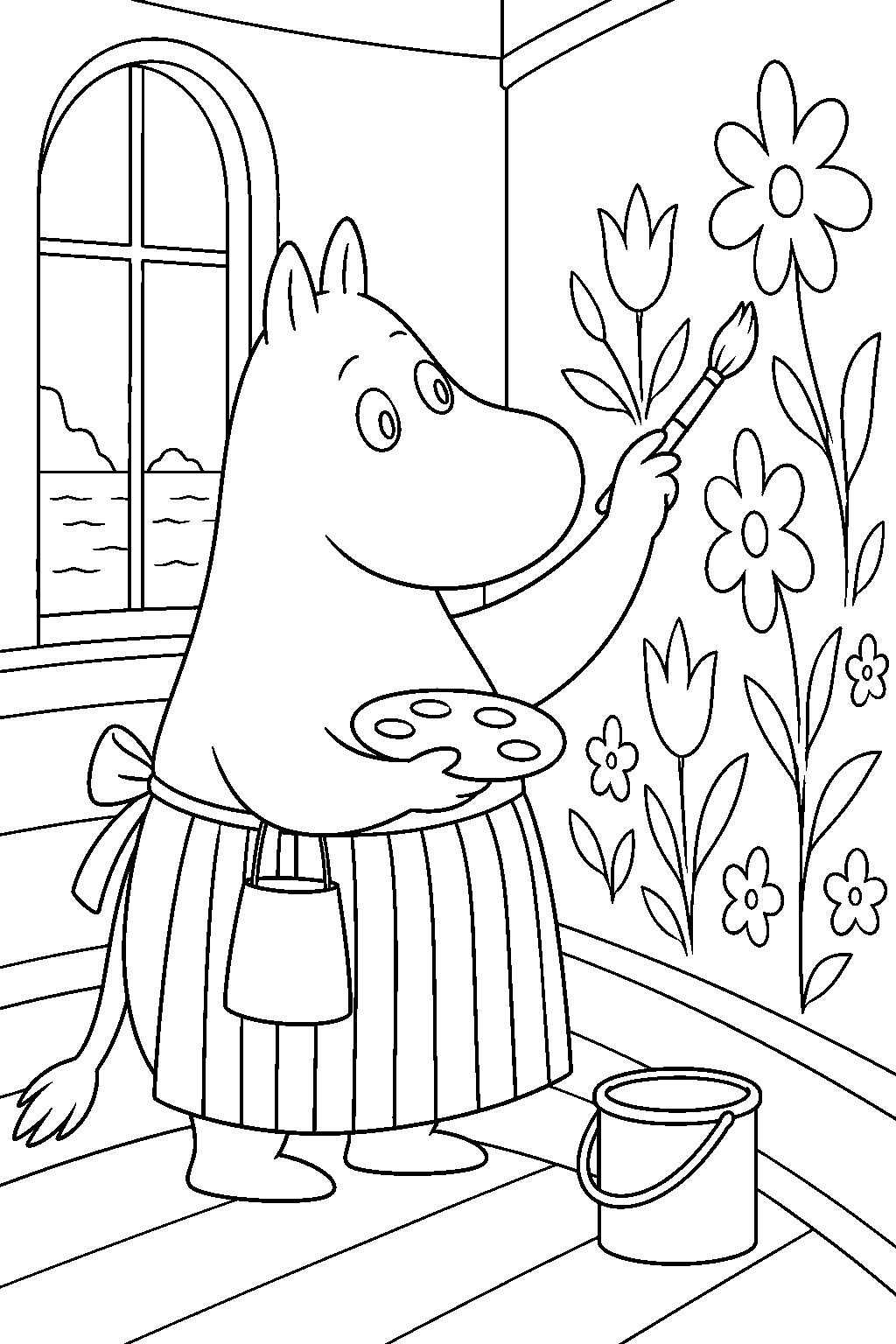 moominmamma painting a flower garden on the lighthouse wall line art