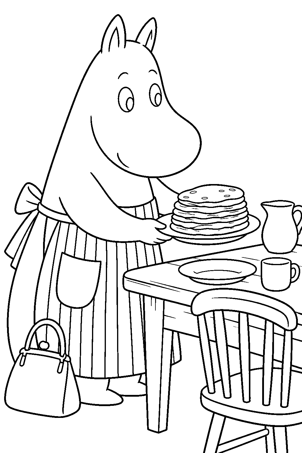 moominmamma serving pancakes at the kitchen table line art