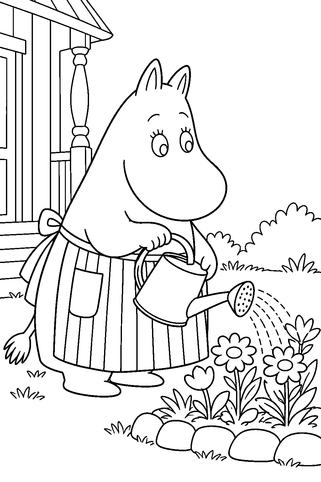 moominmamma tending flowers in her garden line art