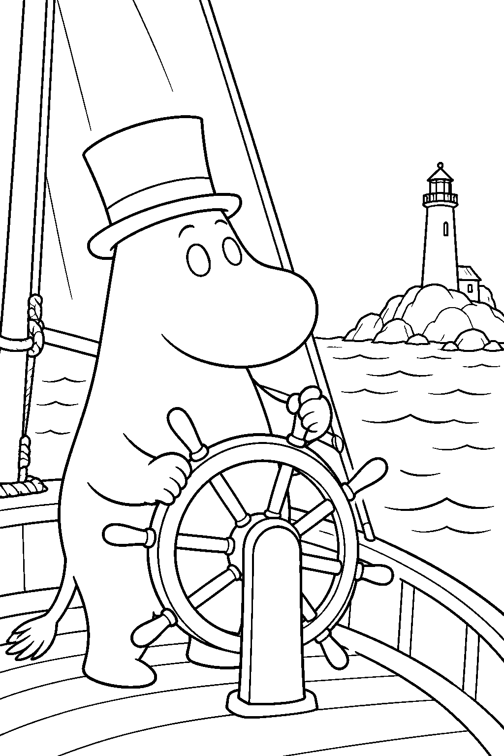 moominpappa steering a sailboat toward the lighthouse island line art
