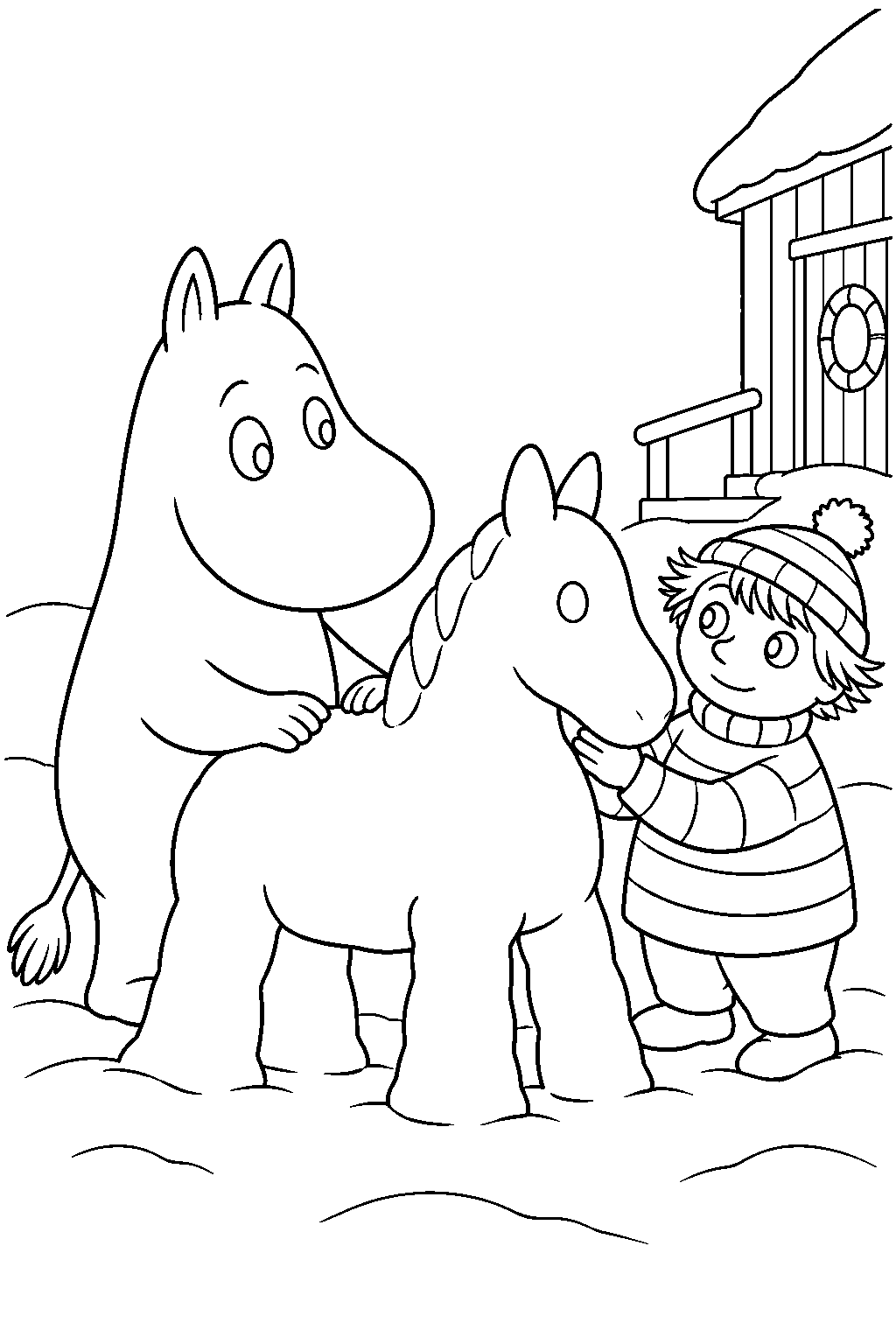 moomintroll building a snow horse with too ticky line art