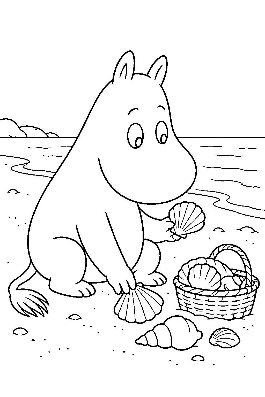 moomintroll collecting seashells on the beach line art