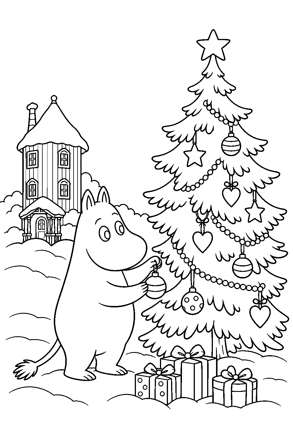 moomintroll decorating a christmas tree outside moominhouse line art