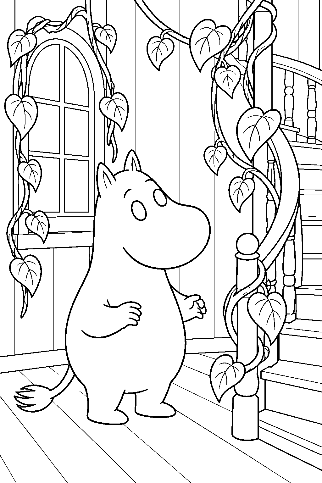 moomintroll discovering jungle vines inside moominhouse line art