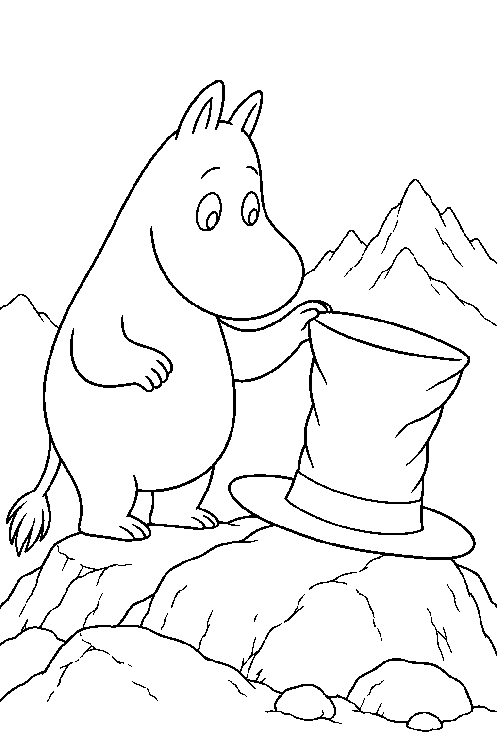 moomintroll discovering the hobgoblin s hat on a mountaintop line art