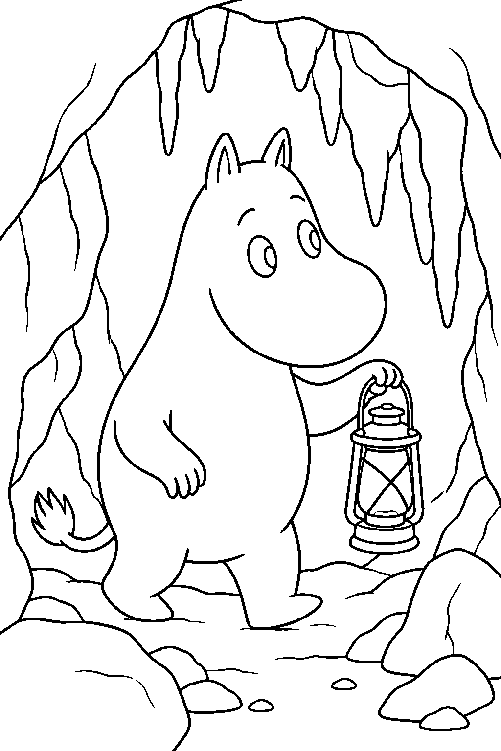 moomintroll exploring sniff s cave with a lantern line art