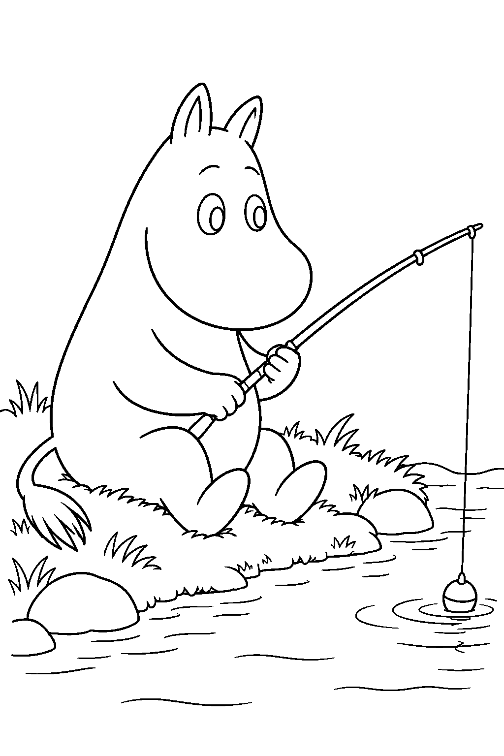 moomintroll fishing from the riverbank line art