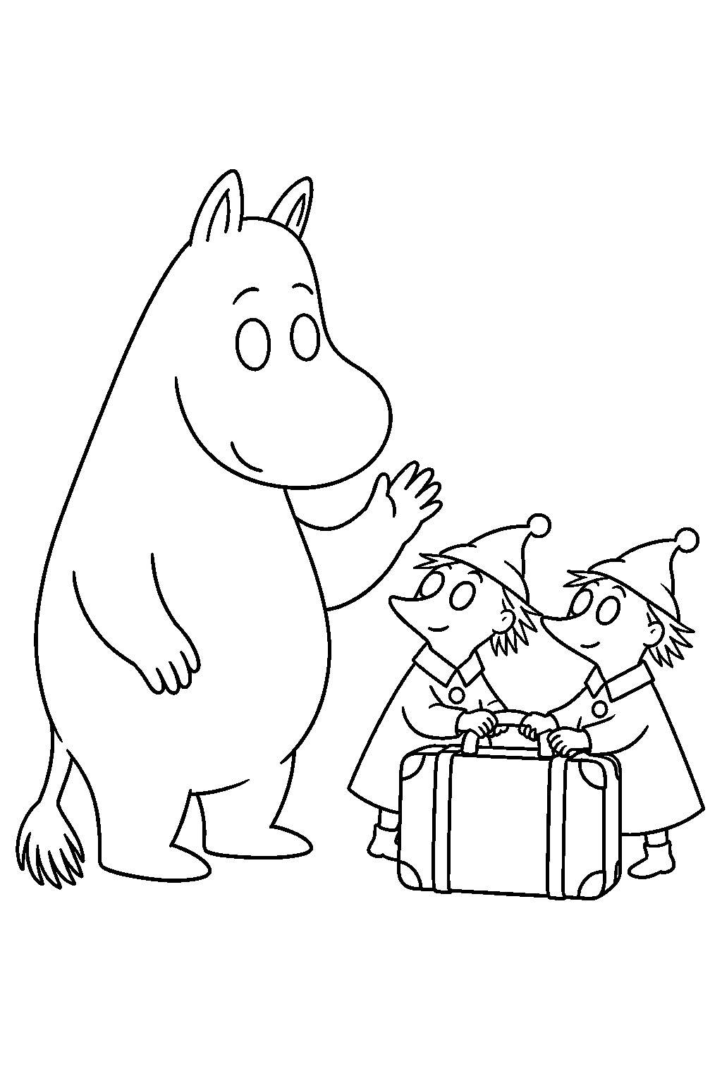 moomintroll greeting thingumy and bob with their suitcase line art
