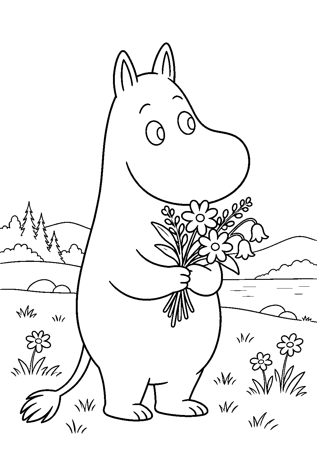 moomintroll holding a bouquet of flowers in moominvalley line art