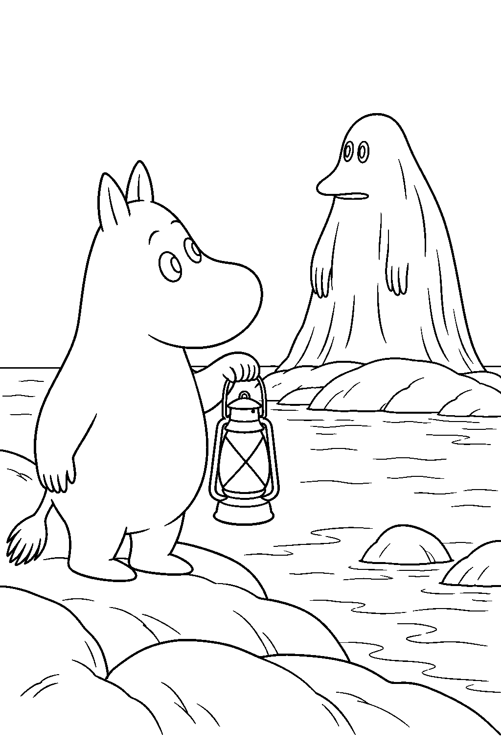 moomintroll holding a lantern near the groke on the island shore line art