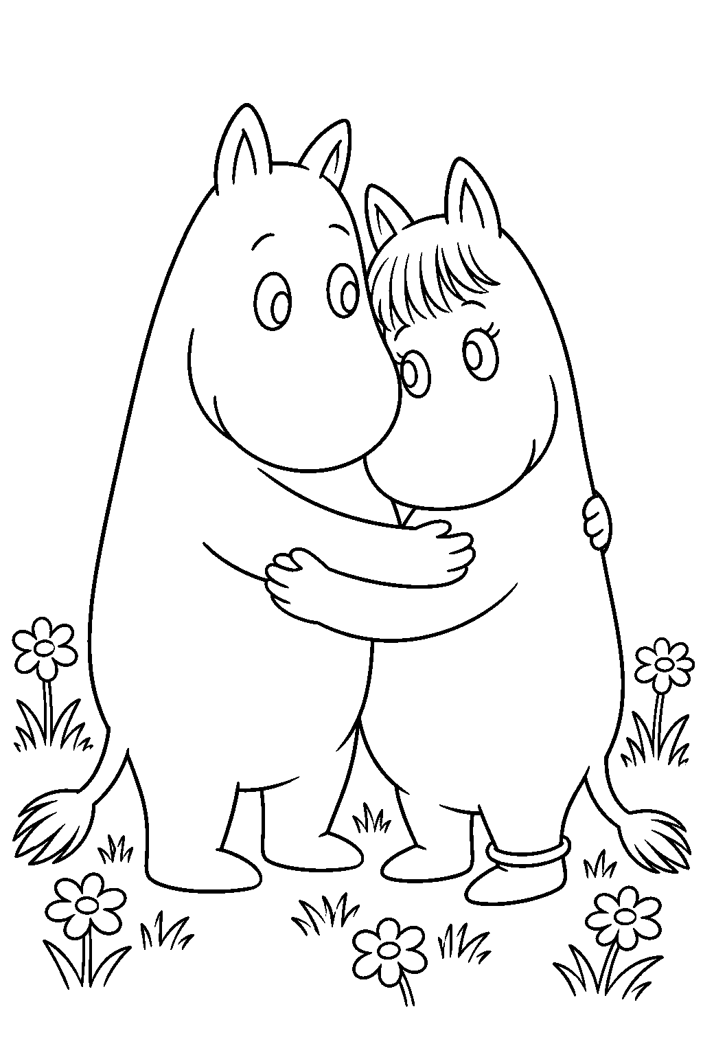 moomintroll hugging snorkmaiden in a flower meadow line art