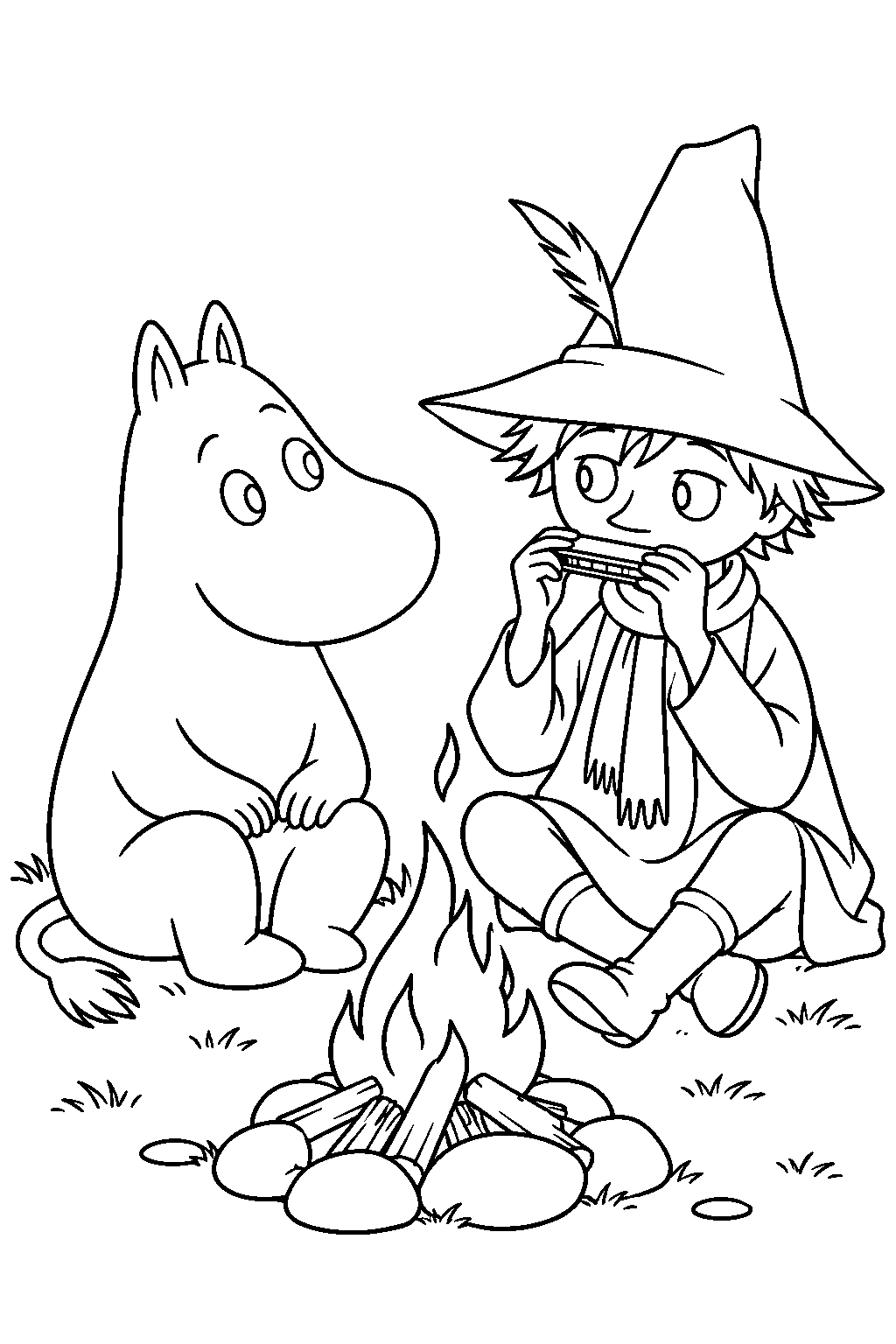 moomintroll listening to snufkin s harmonica beside a campfire line art