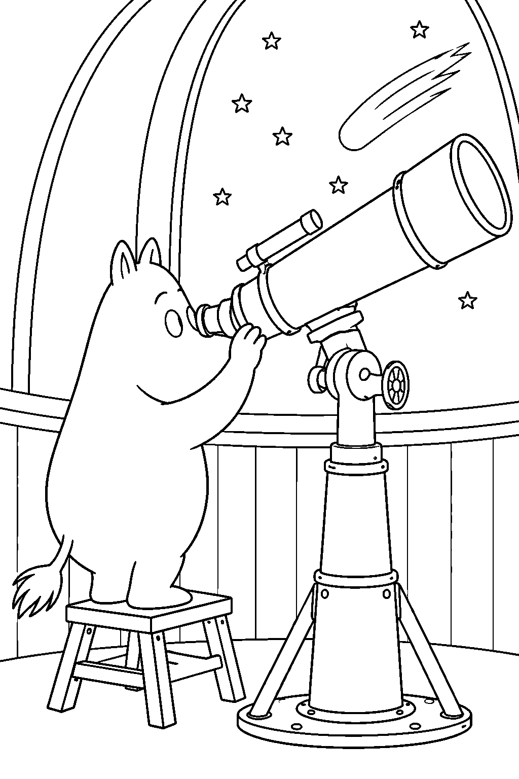 moomintroll looking through the observatory telescope at a comet line art