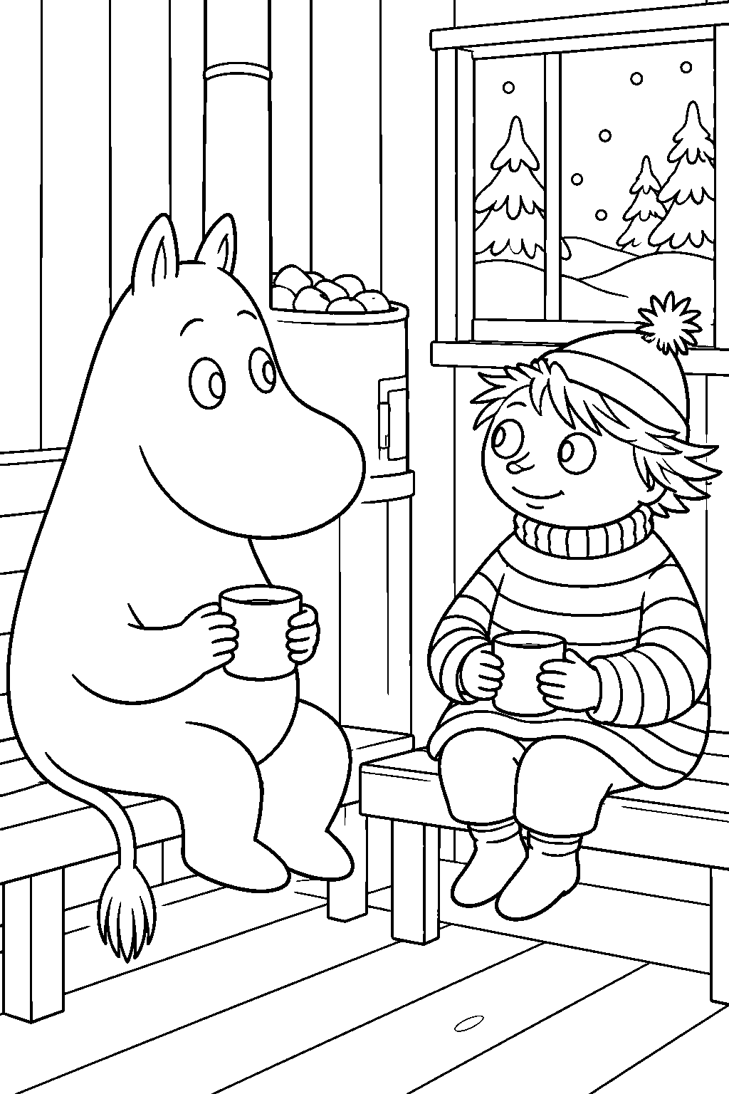 moomintroll meeting too ticky inside the snowy bathing house line art