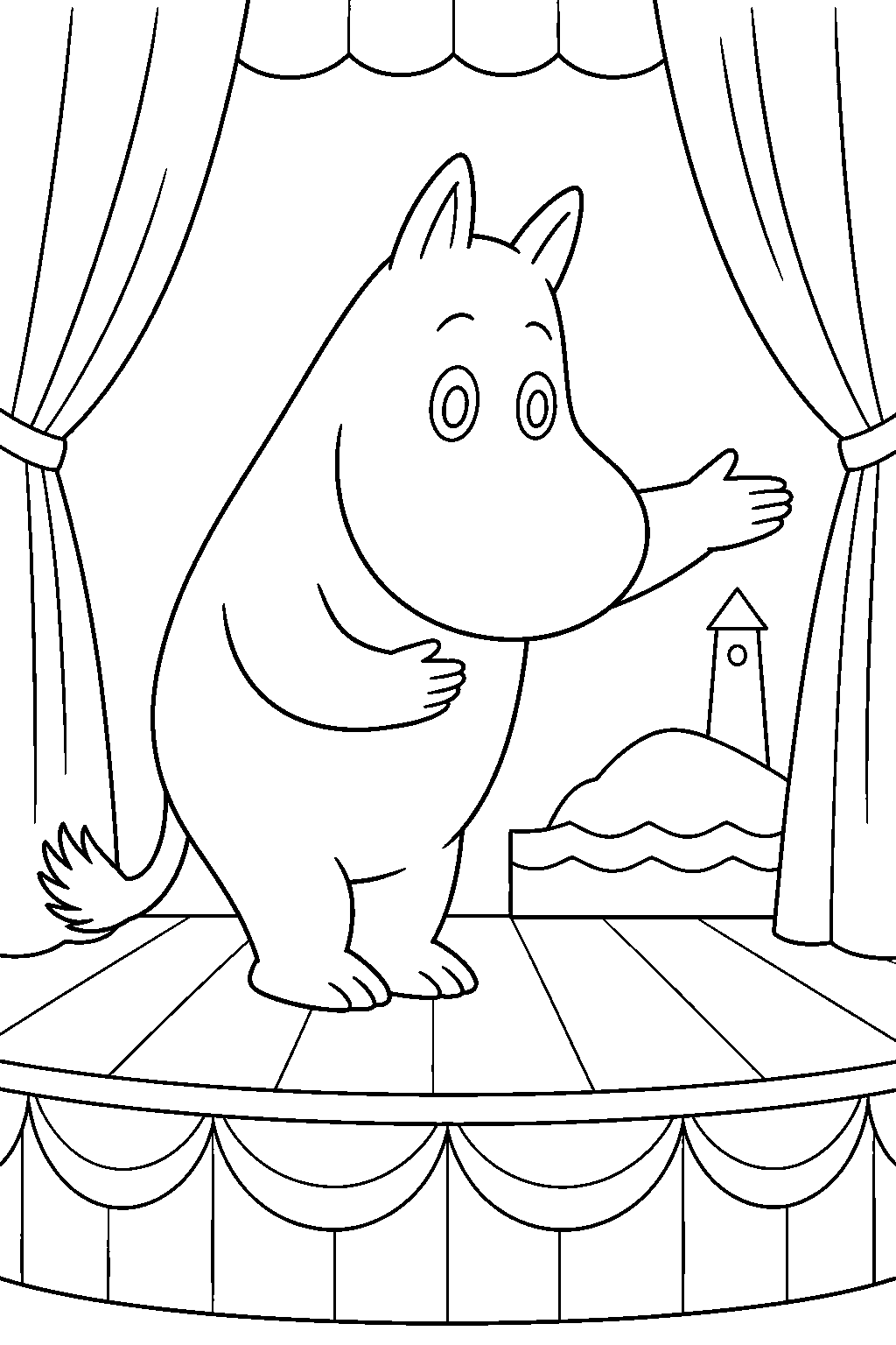moomintroll performing on the floating theatre stage line art