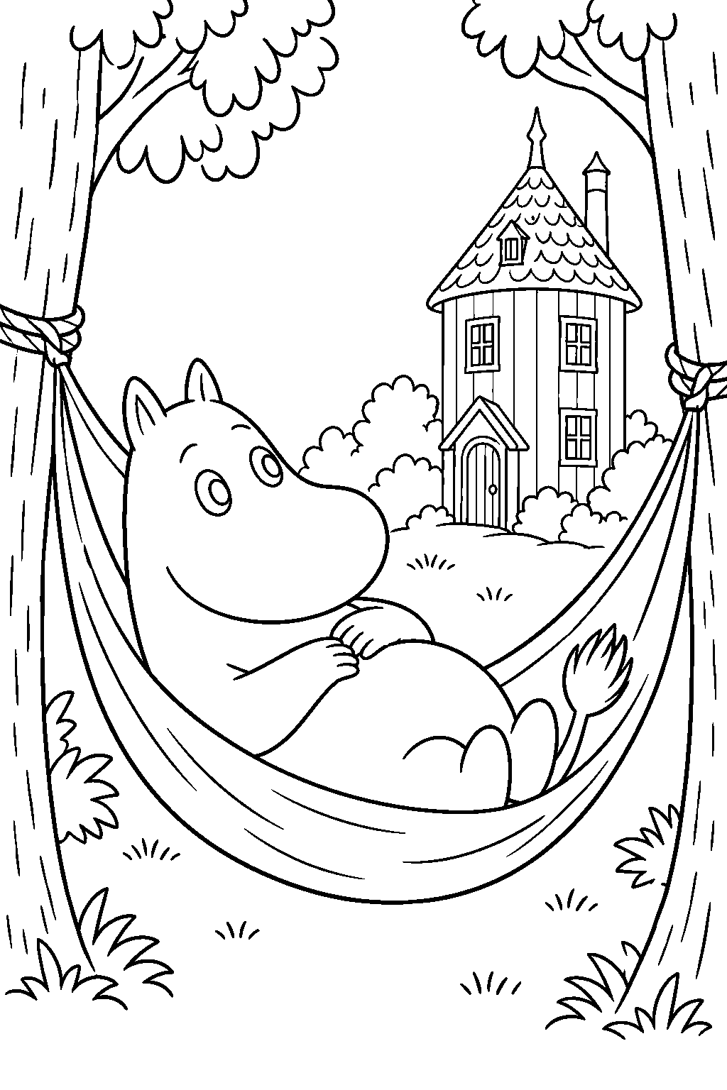 moomintroll resting in a hammock outside moominhouse line art