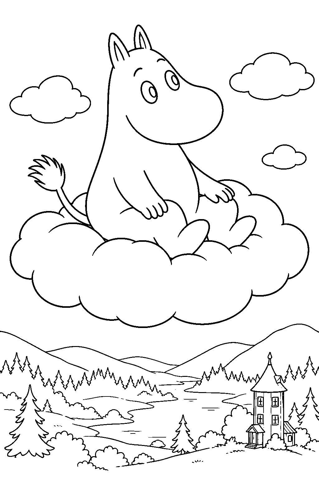 moomintroll riding a magic cloud above moominvalley line art
