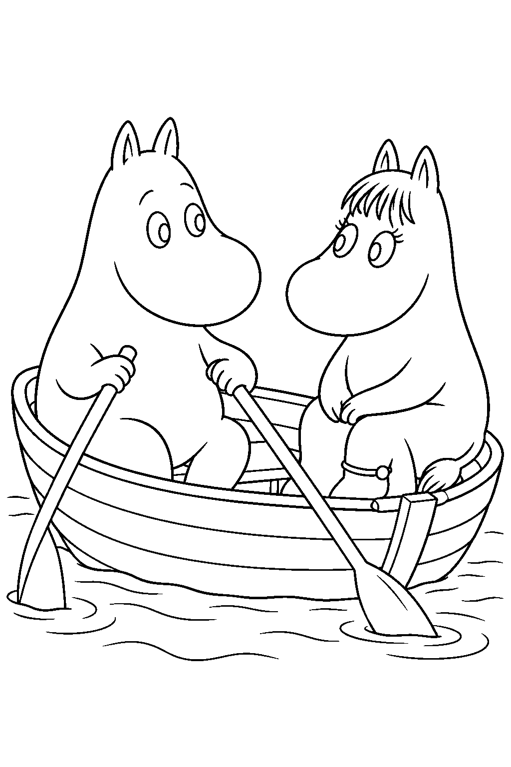 moomintroll rowing a boat with snorkmaiden line art