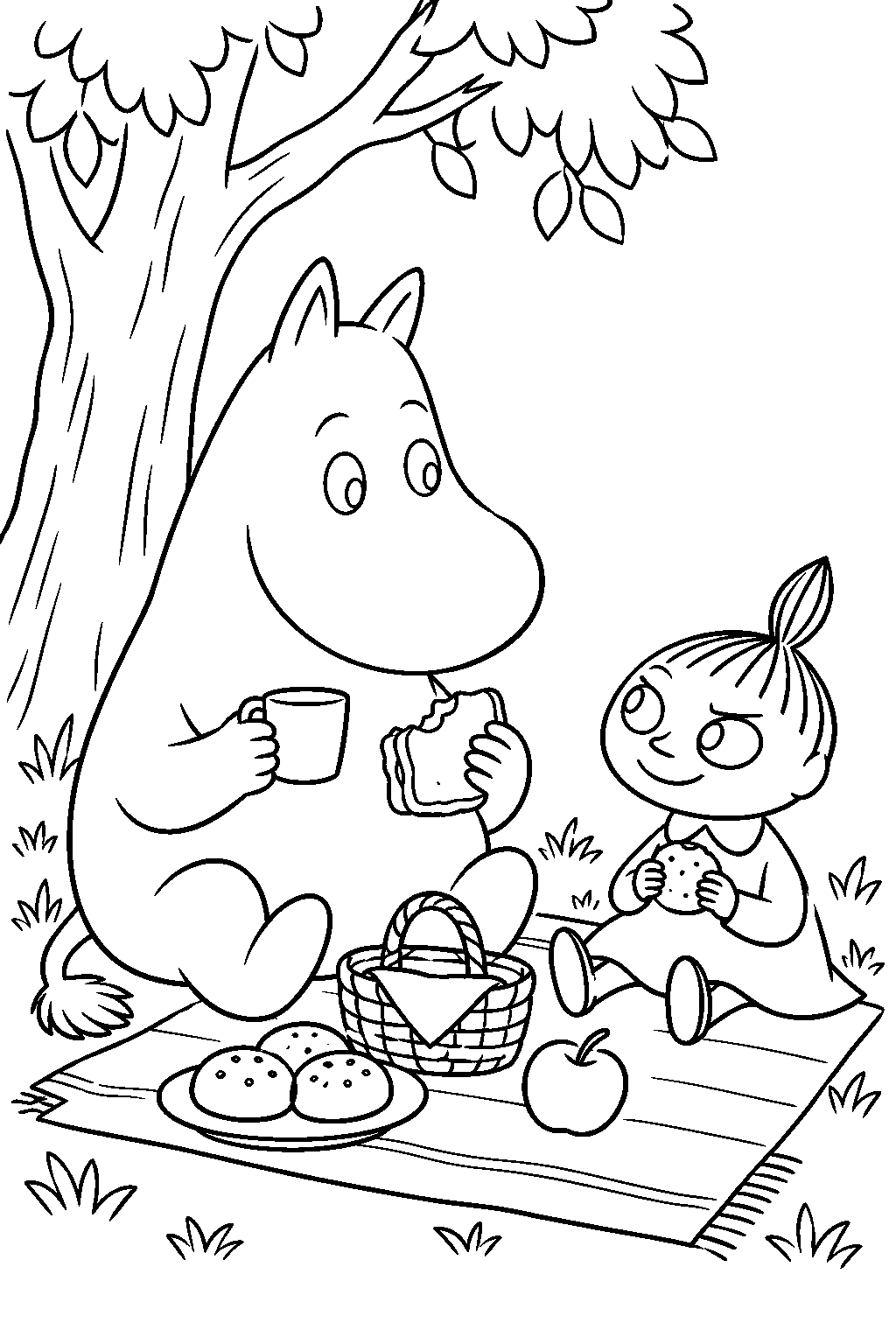 moomintroll sharing a picnic with little my beneath a tree line art