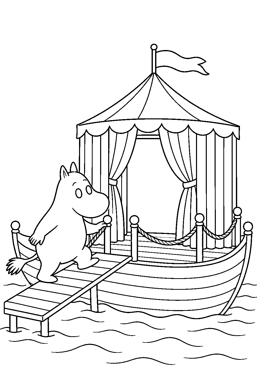 moomintroll stepping aboard the floating theatre line art
