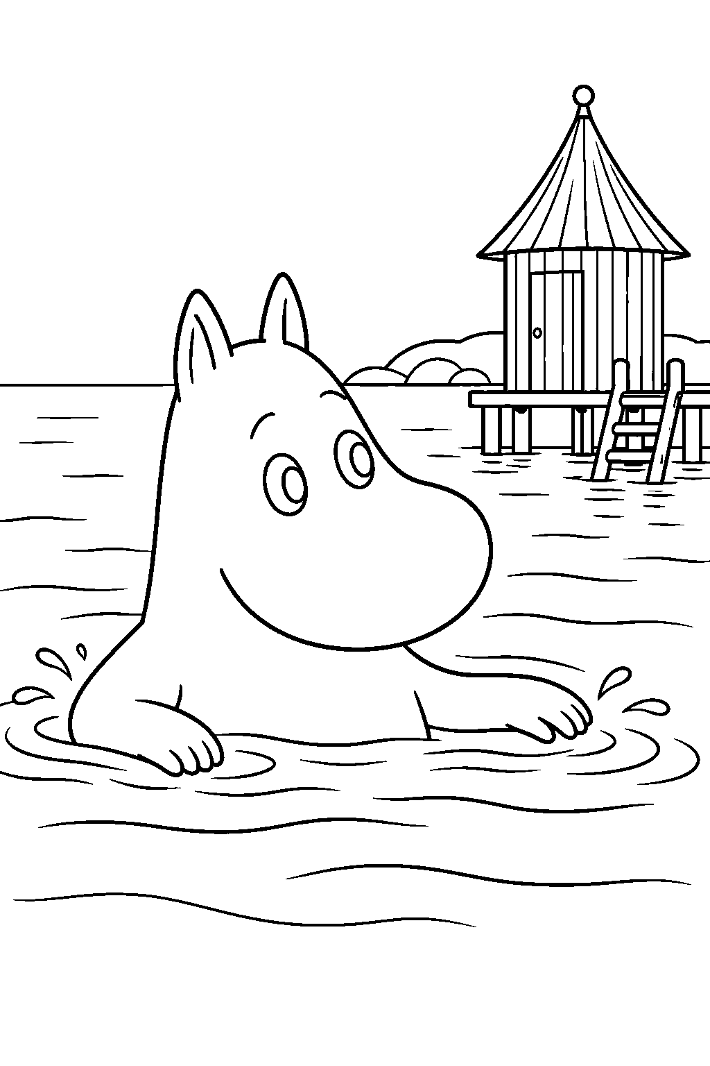 moomintroll swimming beside the bathing house line art