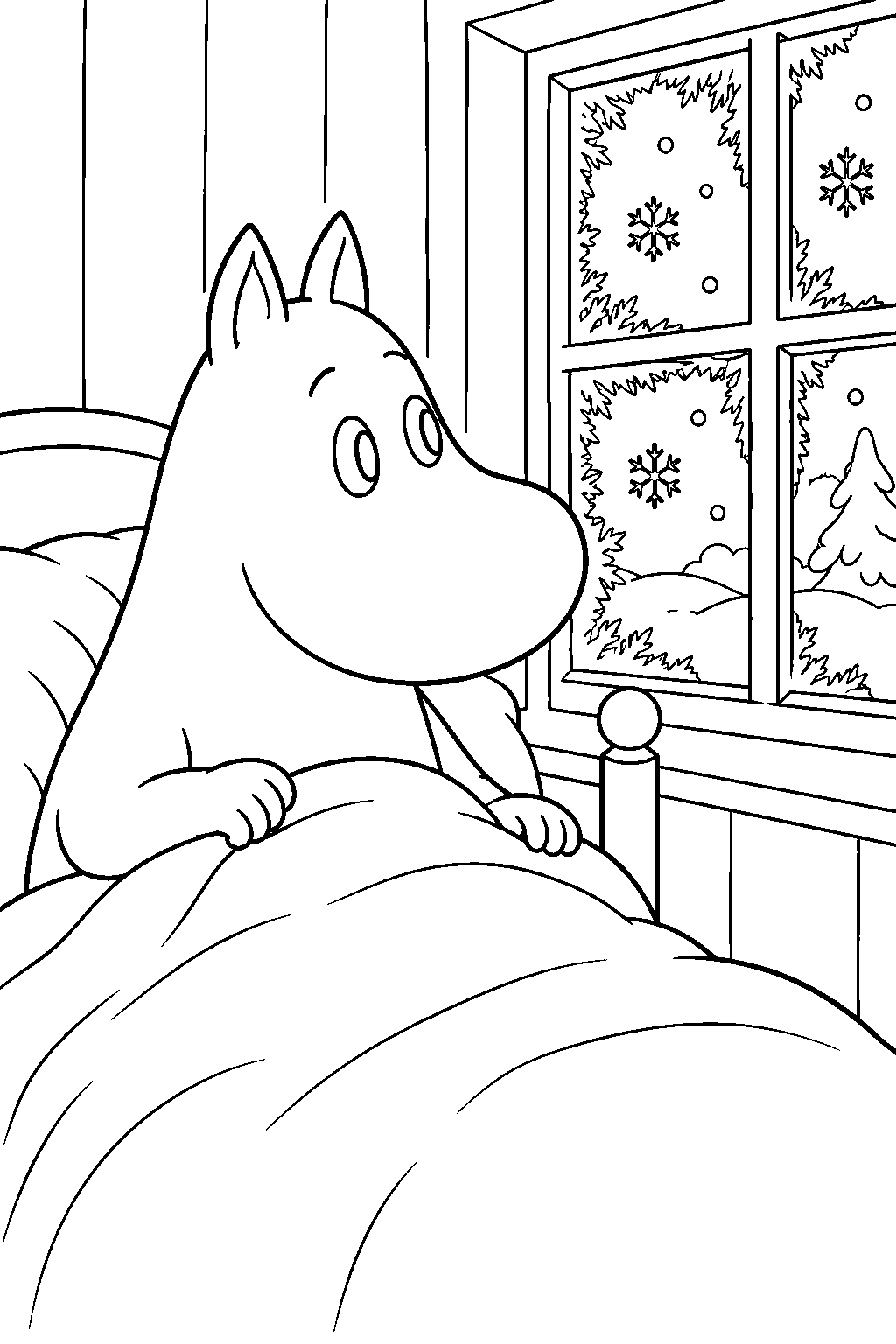 moomintroll waking from hibernation beside a frosty window line art