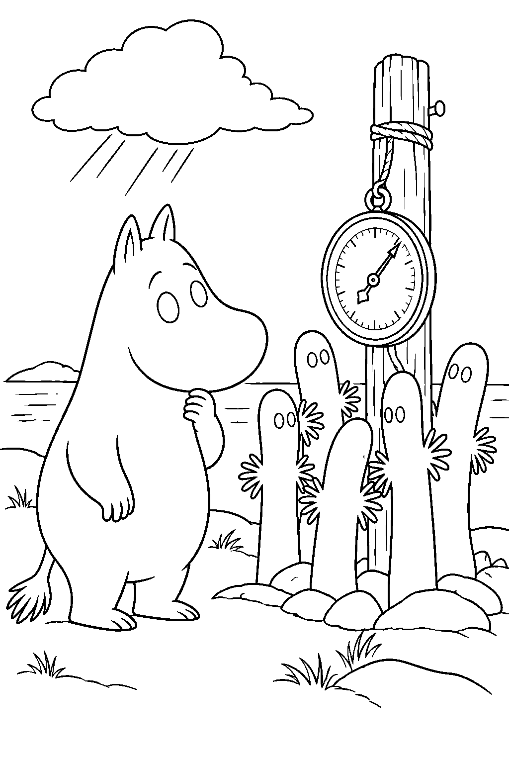 moomintroll watching hattifatteners gather around their barometer line art