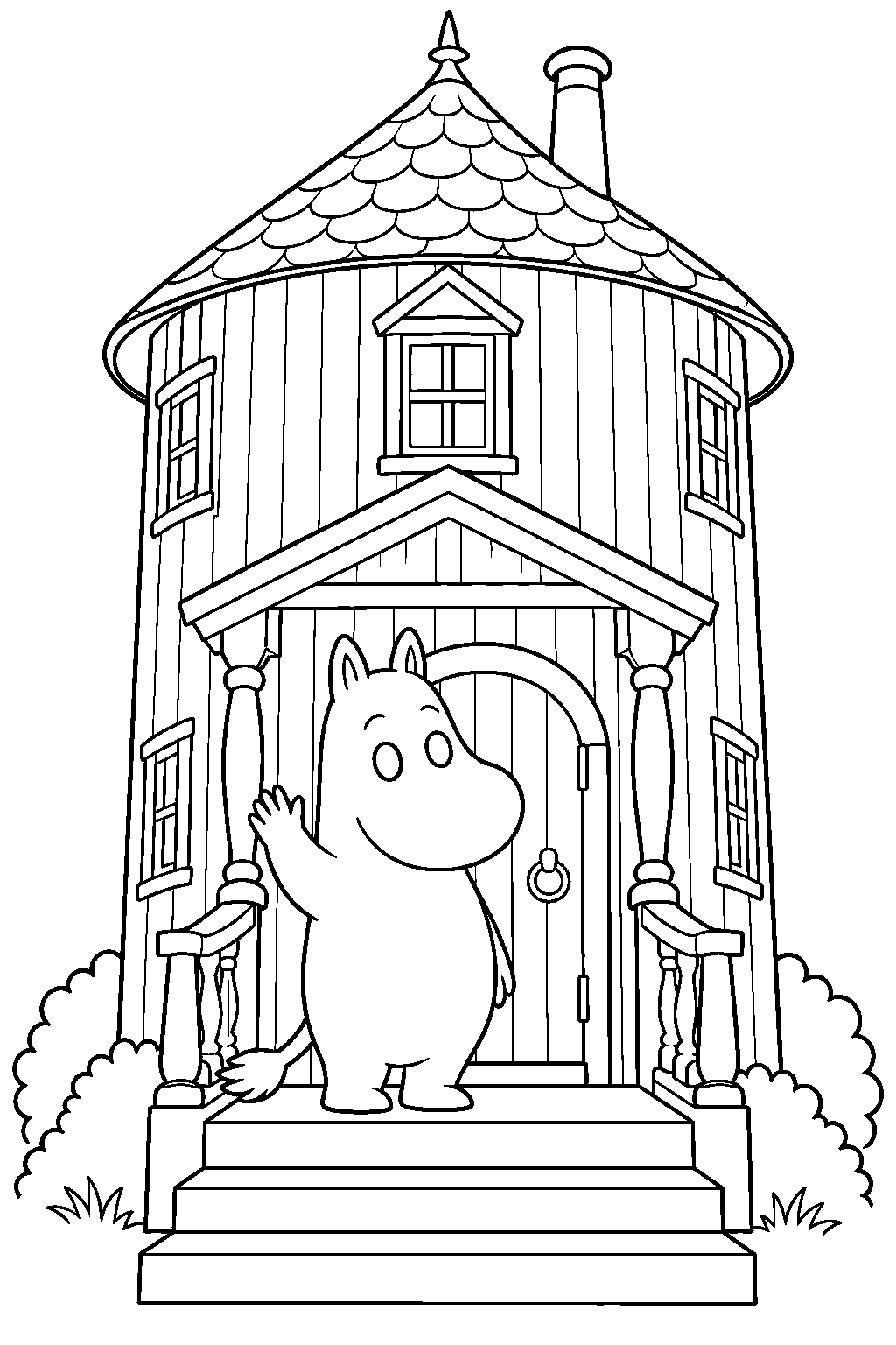 moomintroll waving from the front steps of moominhouse line art
