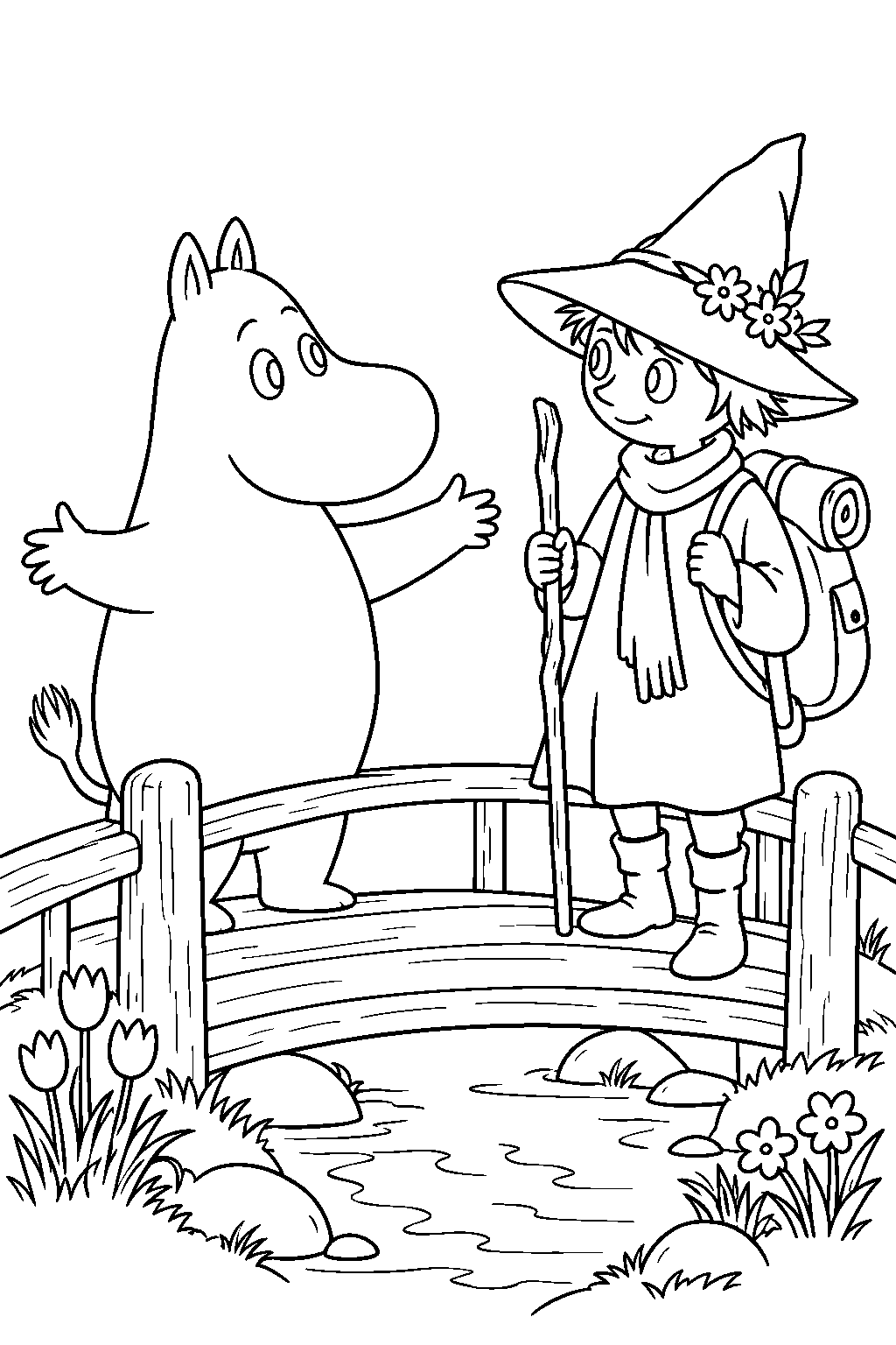 moomintroll welcoming snufkin home at the bridge in spring line art