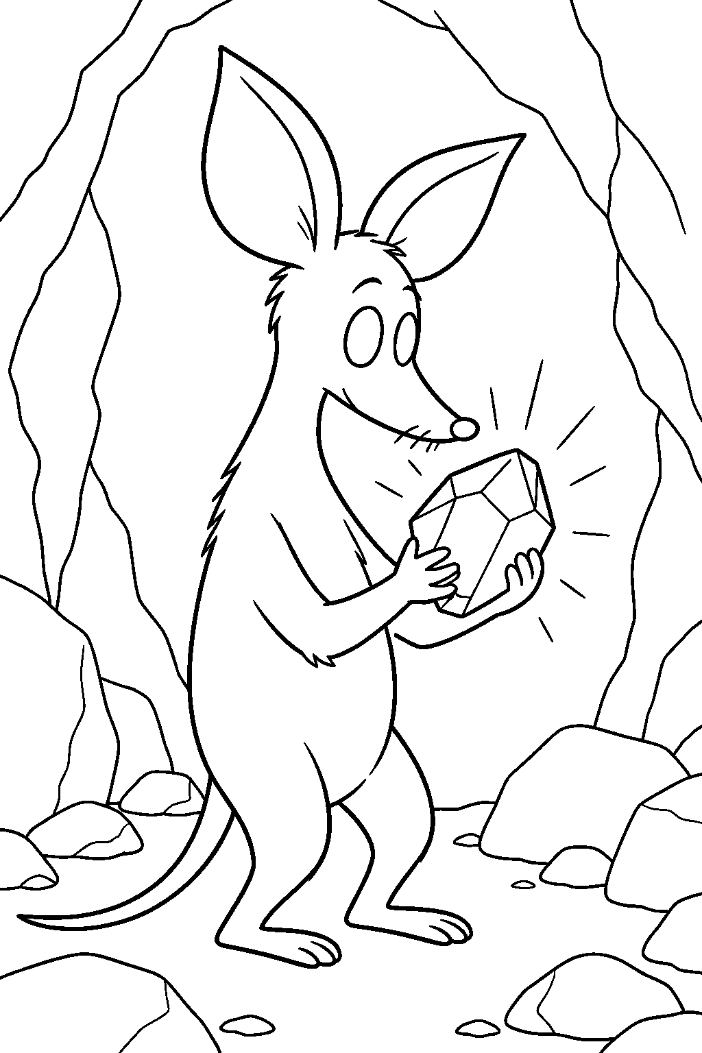 sniff discovering a sparkling stone inside his cave line art