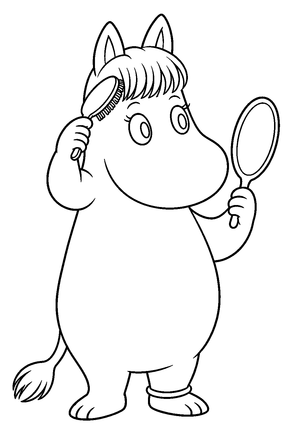 snorkmaiden brushing her fringe in front of a mirror line art