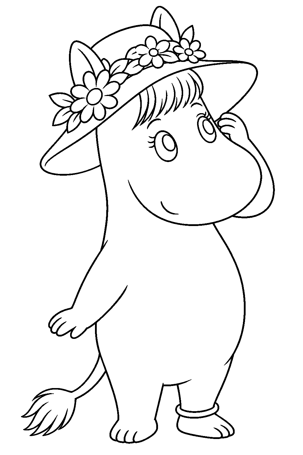 snorkmaiden trying on a flower trimmed hat line art