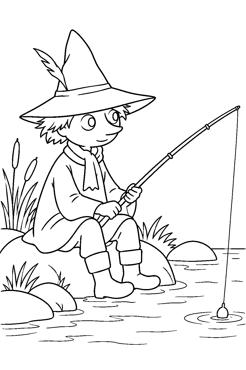 snufkin fishing beside the river line art