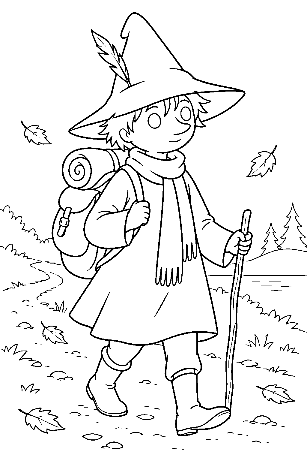 snufkin leaving moominvalley with his backpack line art