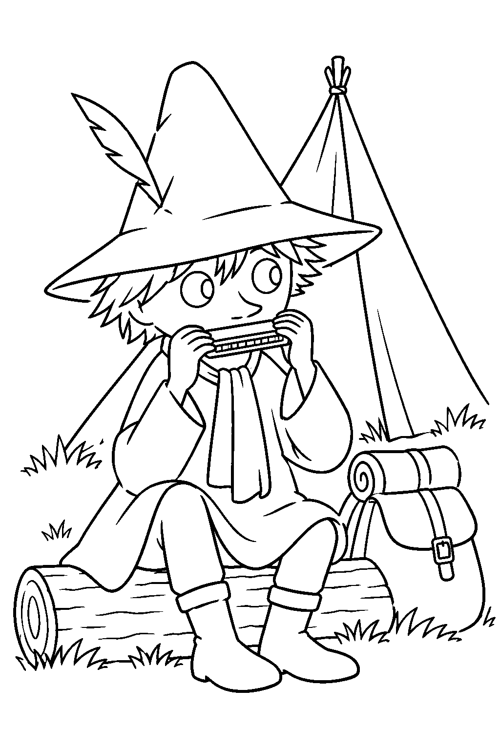 snufkin playing his harmonica outside his tent line art