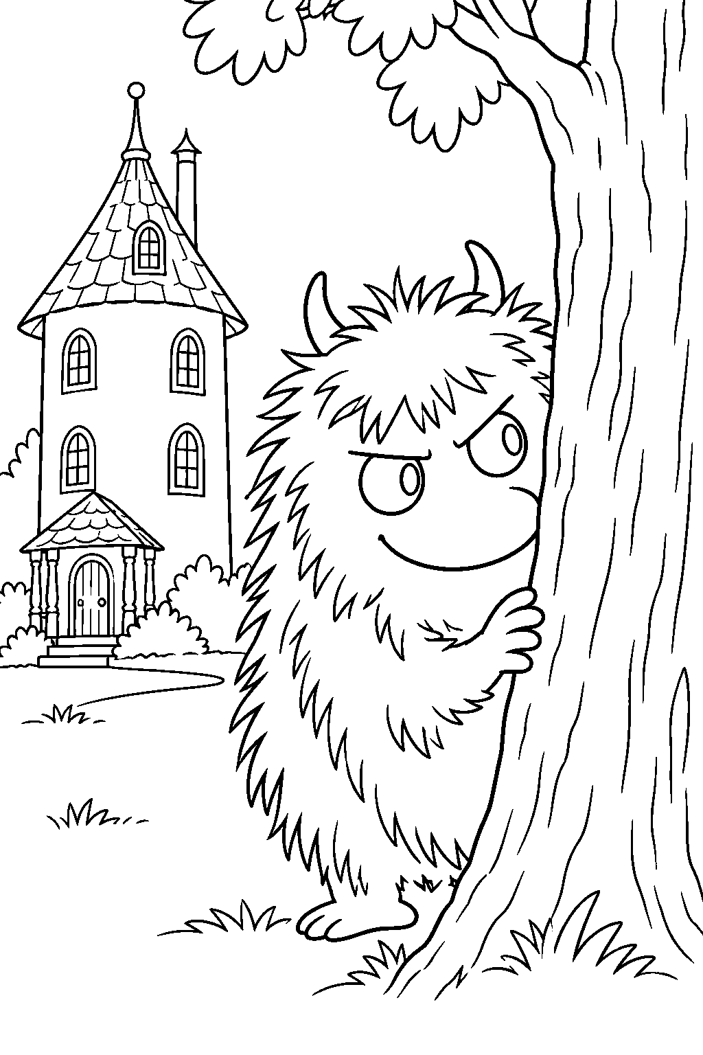 stinky hiding behind a tree near moominhouse line art