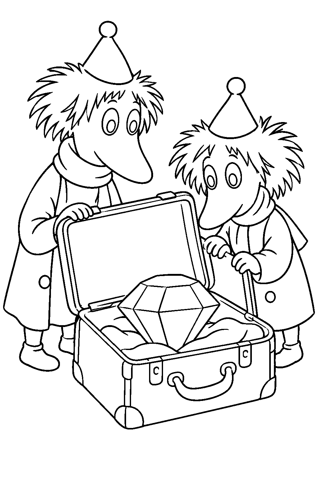 thingumy and bob opening their suitcase to reveal the king s ruby line art