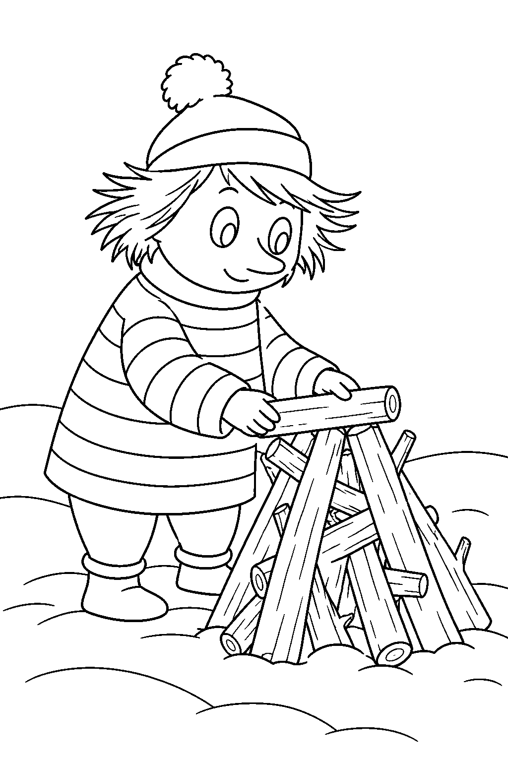 too ticky building a winter bonfire on a snowy hill line art