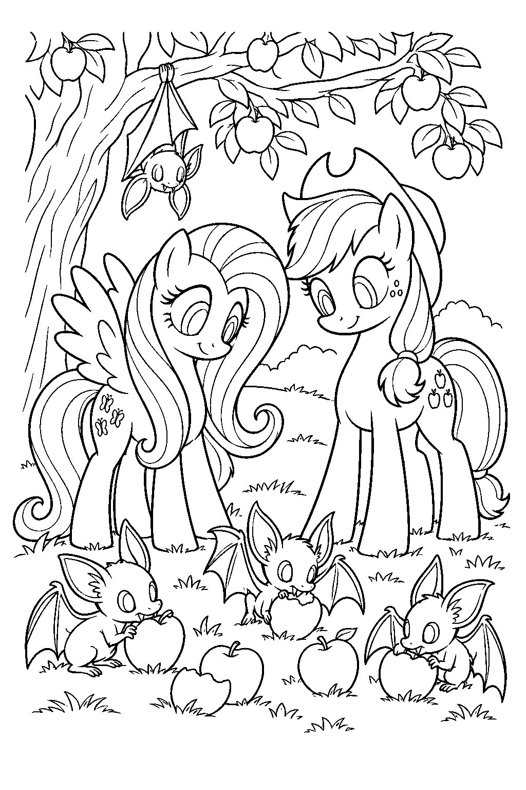 fluttershy and applejack protecting vampire fruit bats in the apple orchard line art