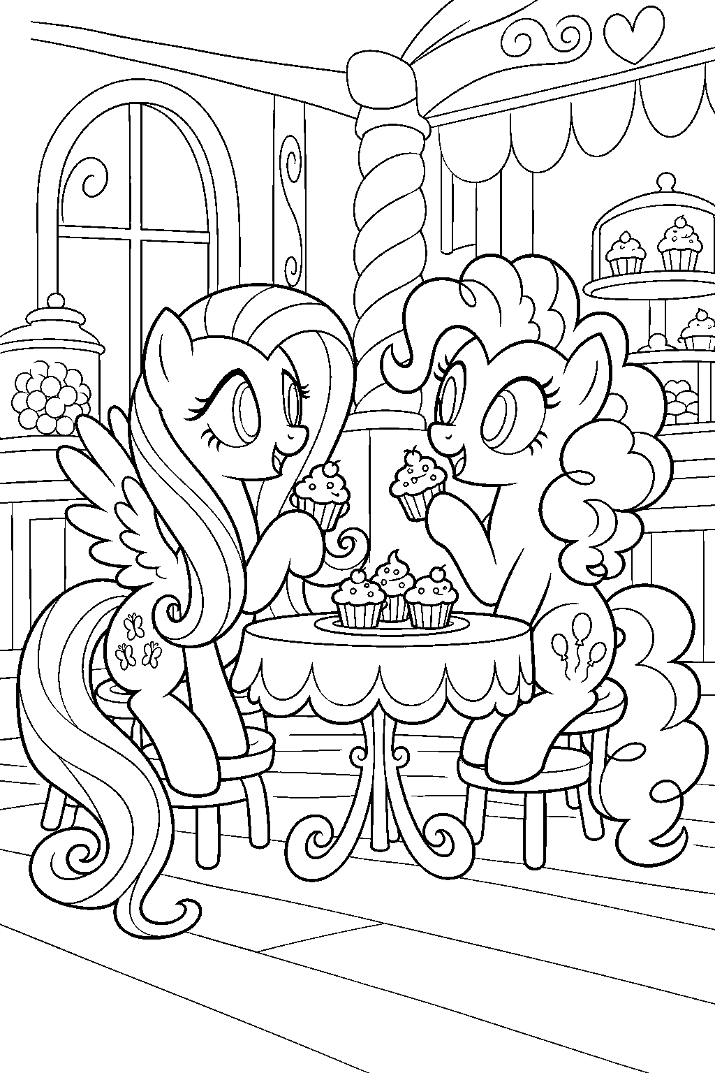fluttershy and pinkie pie sharing cupcakes at sugarcube corner line art
