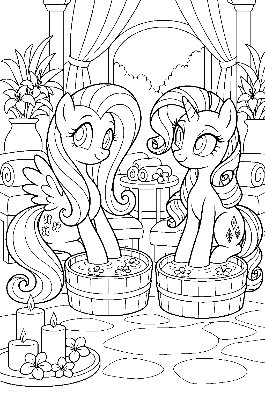 fluttershy and rarity relaxing at the ponyville spa line art