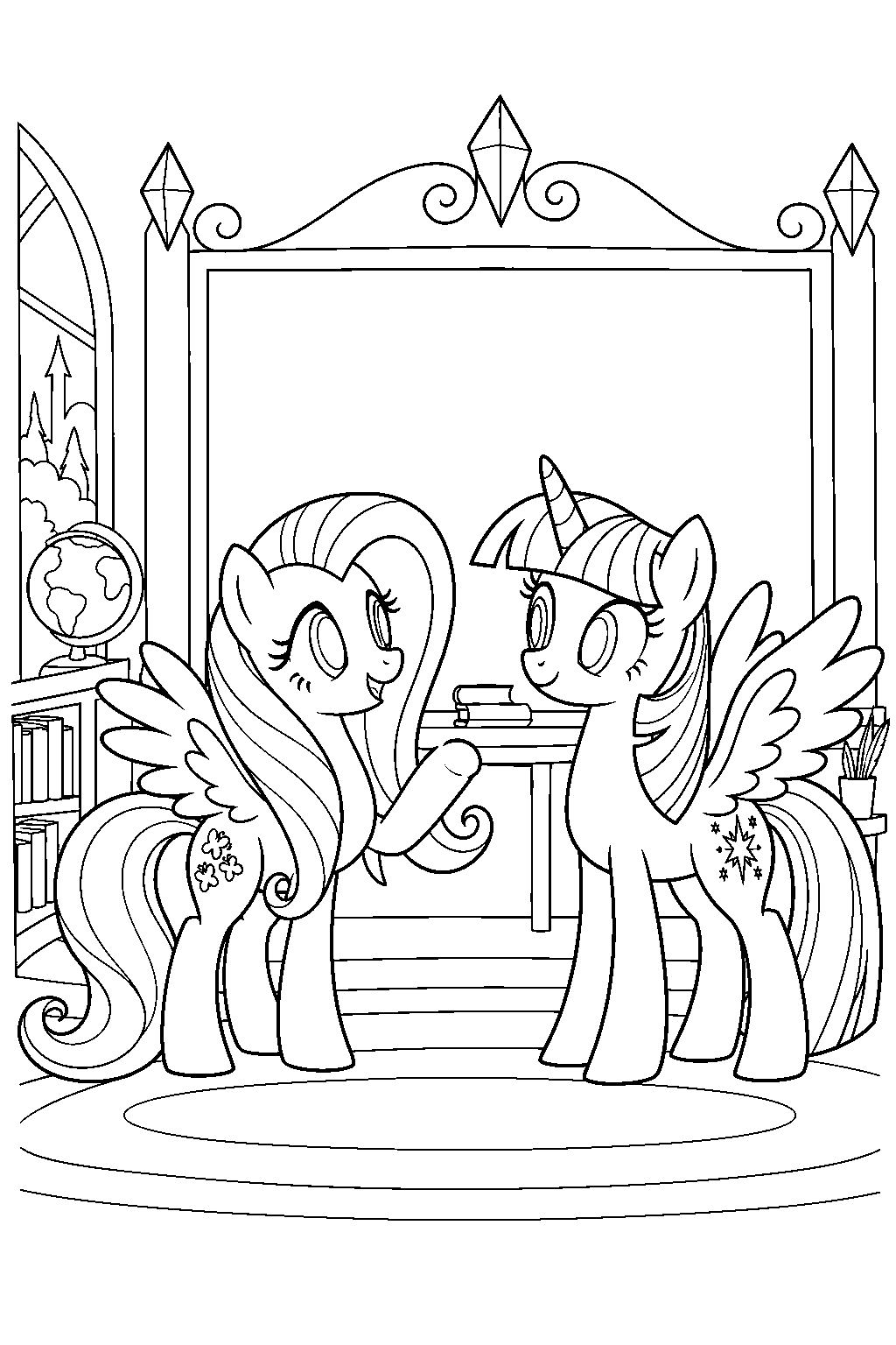 fluttershy and twilight sparkle teaching kindness at the school of friendship line art