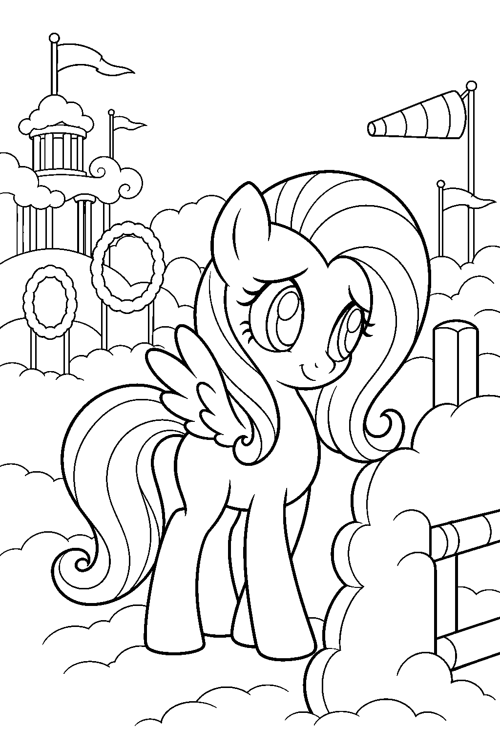 fluttershy as a filly at the cloudsdale flight camp line art