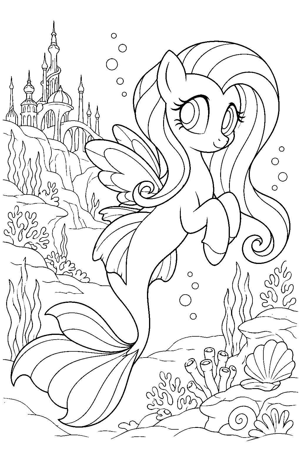 fluttershy as a seapony swimming through seaquestria line art