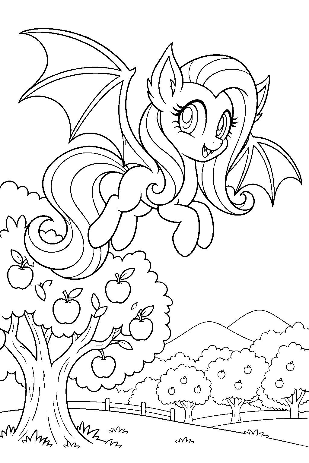fluttershy as flutterbat flying above the apple orchard line art